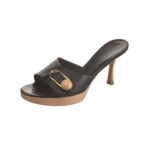 CHANEL Black Leather Sandals with Gold Accent